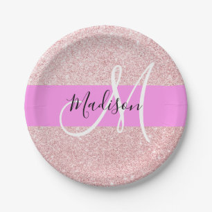 Glam Blush Pink Rosen Gold Glitter Funkel Monogram Pappteller