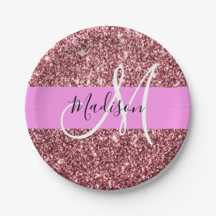 Glam Blush Pink Rosen Gold Glitter Funkel Monogram Pappteller