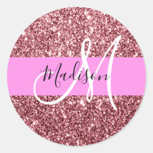 Glam Blush Pink Rosen Gold Glitter Funkel Monogram Runder Aufkleber
