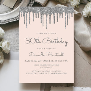Glam Blush Pink Silber Glitter Drip 30. Geburtstag Einladung