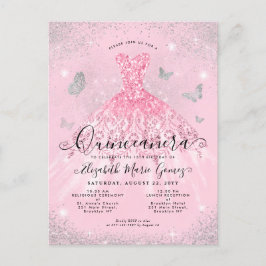Glam Blush Pink Silver Glitzer Gown Quinceanera Postkarte