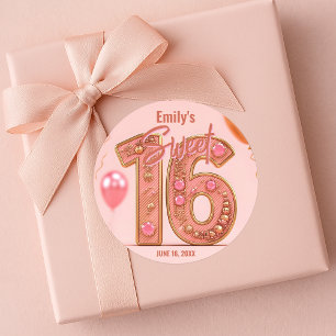 Glam Blush Pink und Gold Edelstein Sweet Sixteen  Runder Aufkleber