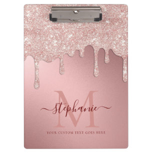 Glam Blush Rosa Glitter-Tropf Folien-Monogramm Klemmbrett