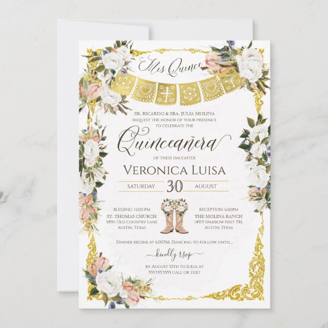 Glam Blush, Weiß mit Gold Floral Quinceañera Inv Einladung (Vorderseite)