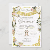 Glam Blush, Weiß mit Gold Floral Quinceañera Inv