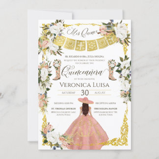 Glam Blush White Gold Charro Floral Quinceañera Einladung