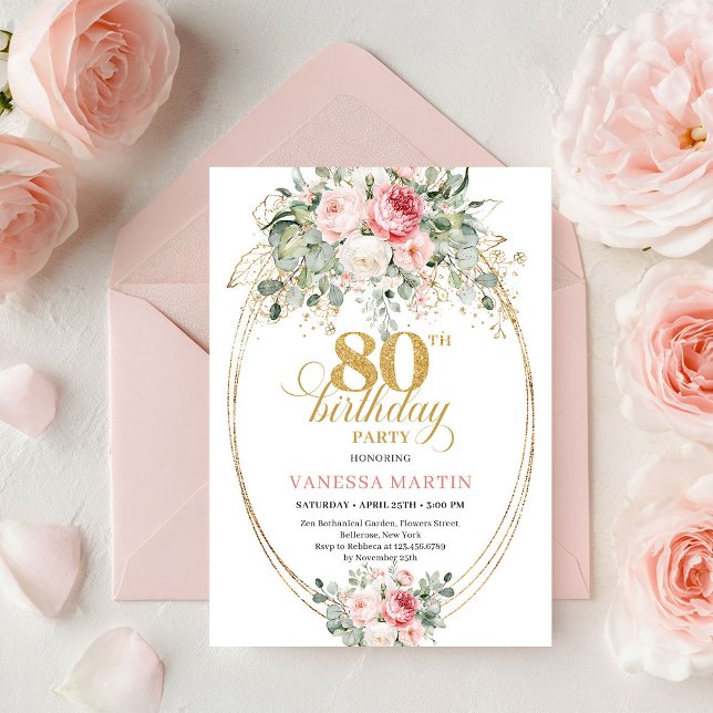 Glam Bohemian Blush Floral Gold 80th Birthday Einladung (Glam Bohemian Blush Floral Gold 80th Birthday Invite)
