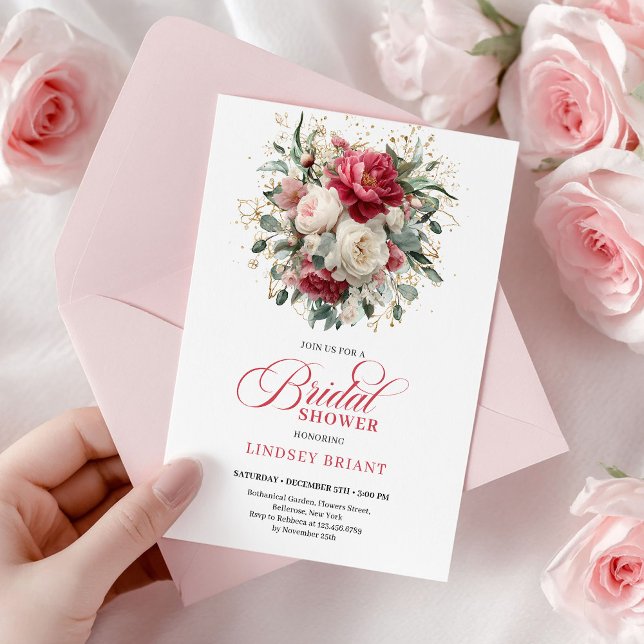 Glam Boho Burgundy Blush Floral Greenery Shower Einladung (Minimal Bohemian Red White Gold Bridal Shower)