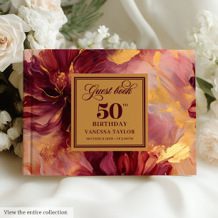 Glam Boho Dark Red Blush Gold Floral 50. Geburtsta Gästebuch