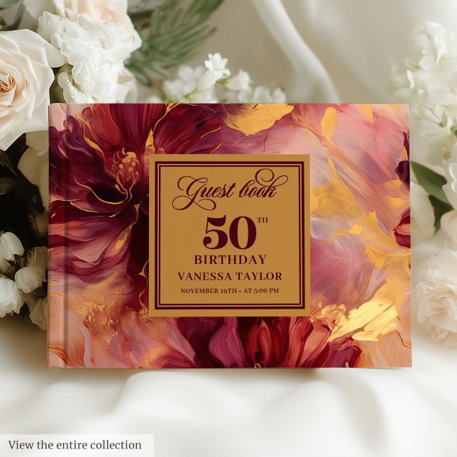 Glam Boho Dark Red Blush Gold Floral 50. Geburtsta Gästebuch (Glam Boho Dark Red Blush Gold Floral 50th Birthday Guest Book)