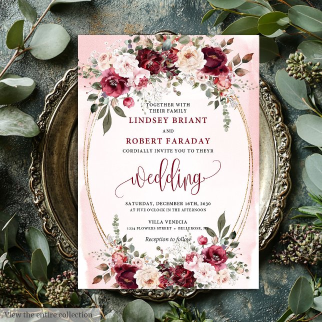 Glam Boho Dark Red Gold Floral Wedding Invitation Einladung (Glam Boho Dark Red Gold Floral Wedding Invitation)