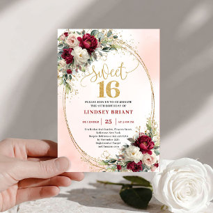 Glam Boho Merlot Gold Floral 16. Geburtstagseinlad Einladung