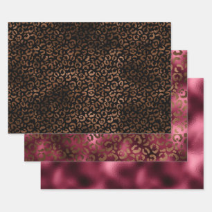 Glam Brown Black Burgund Leopard Print Geschenkpapier Set