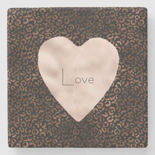 Glam Brown Black Leopard Print Heart Steinuntersetzer (Vorderseite)