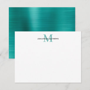 Glam Brushed Metal Aquamarin Green Classic Monogra Mitteilungskarte