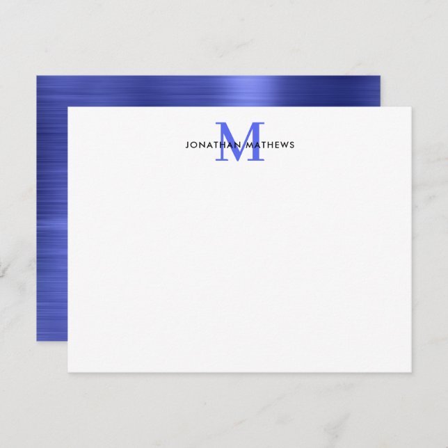 Glam Brushed Metal Royal Blue Classic Monogram Mitteilungskarte (Vorne/Hinten)