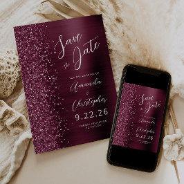 Glam Burgundy Brushed Metal Script Save the Date Ankündigung