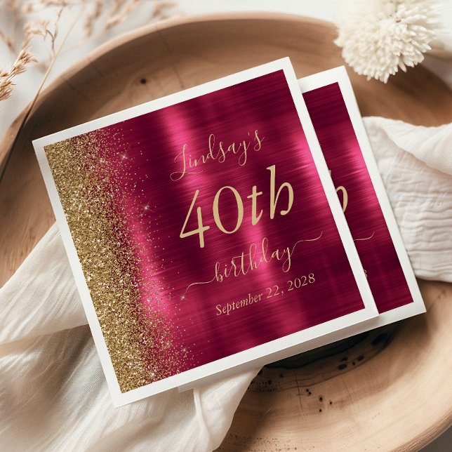 Glam Burgundy Gold Glitzer 40. Geburtstag Party Serviette (Von Creator hochgeladen)