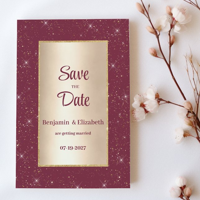 Glam burgundy gold Glitzer confetti Save the Date Einladung (Glam burgundy gold glitter confetti Save the Date)