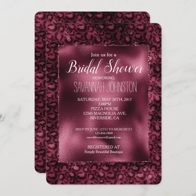 Glam Burgundy Leopard Print Brautparty Einladung (Vorne/Hinten)
