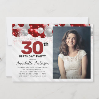 Glam Burgundy Red Balloon Glitzer Foto Geburtstag Einladung
