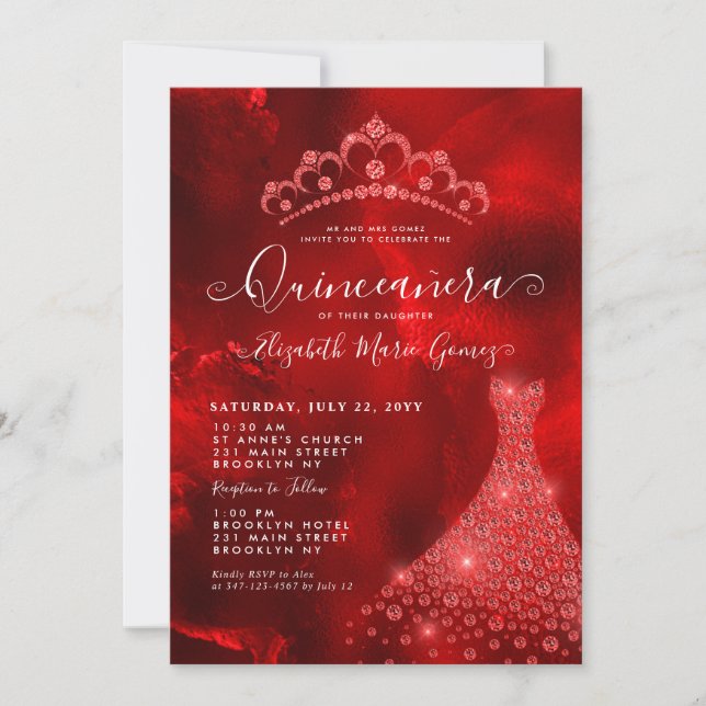 Glam Burgundy Red Diamond Tiara Kleid Quinceanera Einladung (Vorderseite)
