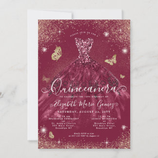 Glam Burgundy Red Gold Glitzer Gown Quinceanera Einladung