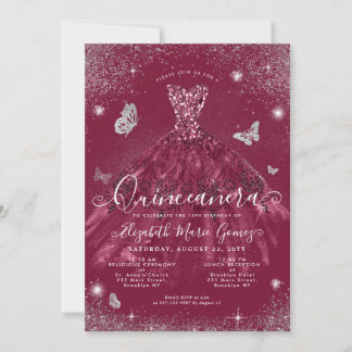 Glam Burgundy Red Silver Glitzer Gown Quinceanera Einladung