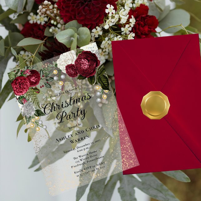 Glam Burgundy Rose Blumenweihnachtsfest Party Acryleinladungen (Glam Burgundy Roses and Faux Sepia Gold Glitter Elegant Christmas Party Holiday Acrylic Invitation)