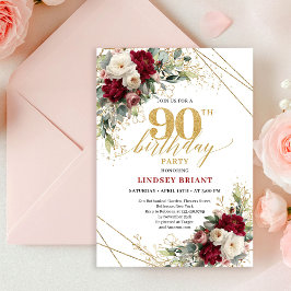 Glam Burgundy White Rose Gold 90th Birthday Invite Einladung