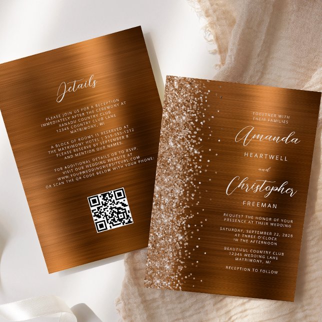 Glam Burnt Orange Brushed Metal QR Code Wedding Einladung (Von Creator hochgeladen)