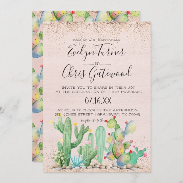Glam Cactus Fiesta Wedding Einladung (Vorne/Hinten)