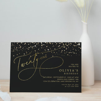 Glam Calligraphy Black Gold Confetti 21st Birthday Einladung