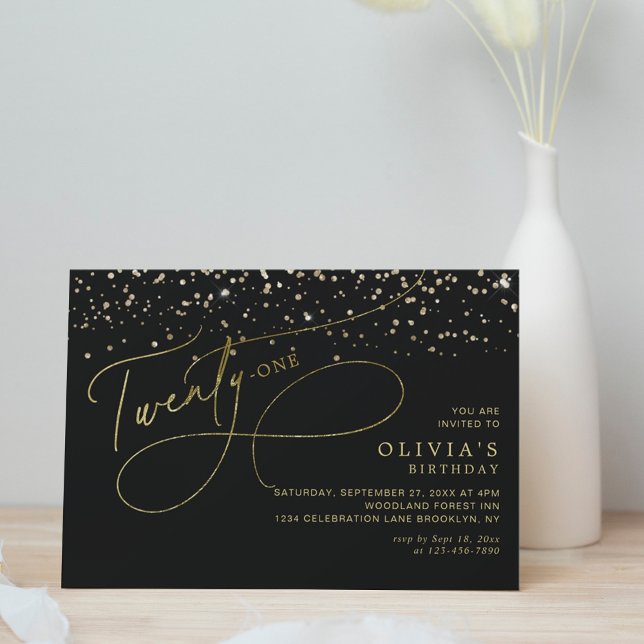Glam Calligraphy Black Gold Confetti 21st Birthday Einladung (Von Creator hochgeladen)
