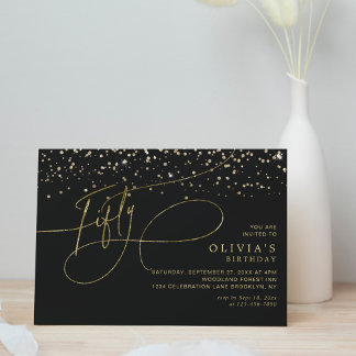 Glam Calligraphy Black Gold Confetti 50th Birthday Einladung