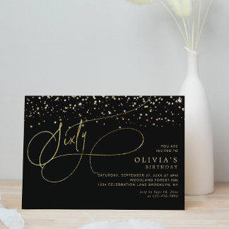 Glam Calligraphy Black Gold Confetti 60. Geburtsta Einladung
