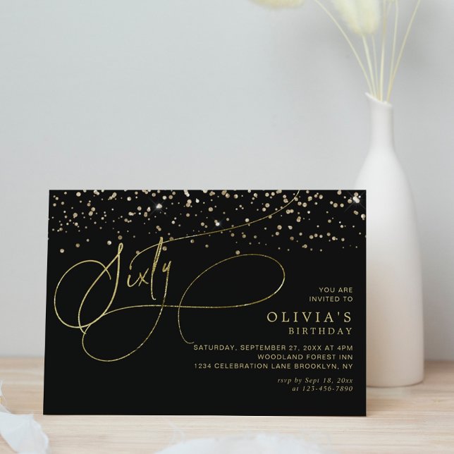 Glam Calligraphy Black Gold Confetti 60. Geburtsta Einladung (Von Creator hochgeladen)