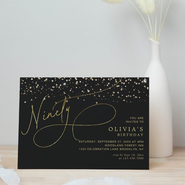Glam Calligraphy Black Gold Confetti 90. Geburtsta Einladung (Von Creator hochgeladen)