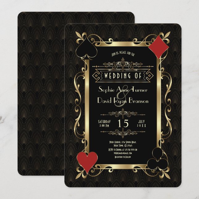 Glam Casino Night Gold Art Deco 20s Gatsby Wedding Einladung (Vorne/Hinten)