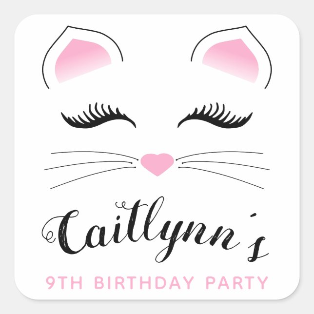 Glam Cat Birthday Party Quadratischer Aufkleber (Vorderseite)