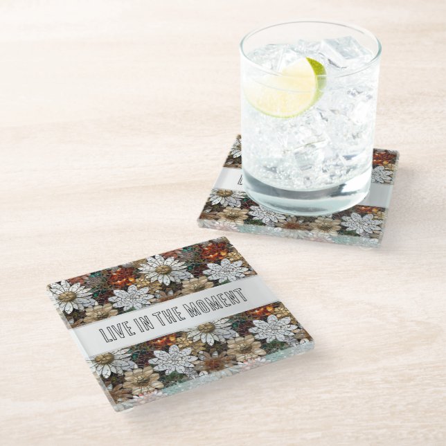 Glam Champagne Gold Red White Blume Glasuntersetzer (Schrägansicht)