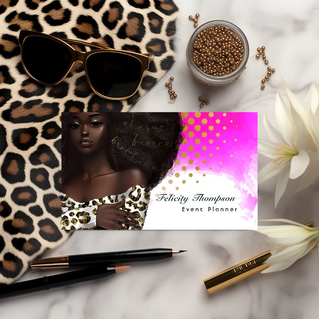 Glam Chic Afro-Boss-Lady-QR-Code Visitenkarte (Hairstylist business card)