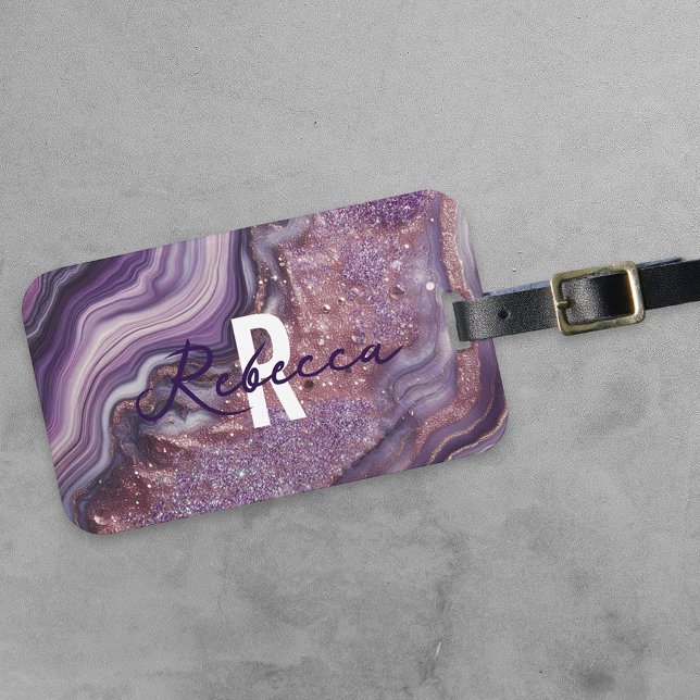 Glam Chic Eleganter Lila Glitzer Agate Marble Gepäckanhänger (Von Creator hochgeladen)
