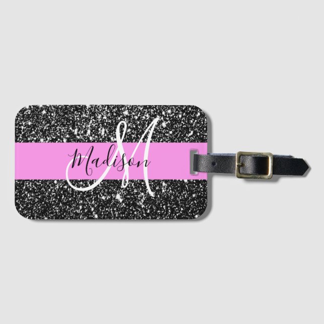 Glam Chic Pink Black Glitzer Sparkname Monogram Gepäckanhänger (Vorderseite (Horizontal))