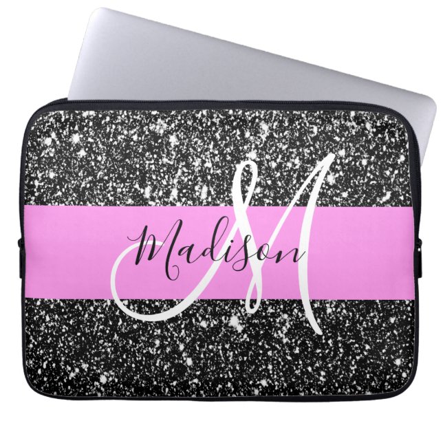 Glam Chic Pink Black Glitzer Sparkname Monogram Laptopschutzhülle (Vorderseite)