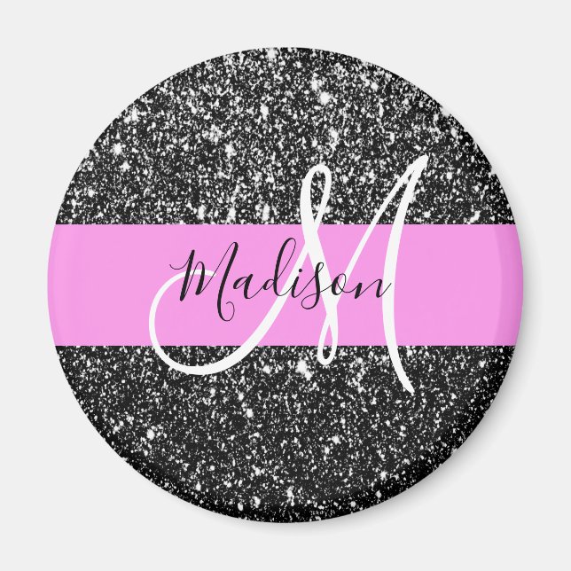 Glam Chic Pink Black Glitzer Sparkname Monogram Magnet (Vorne)