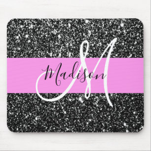 Glam Chic Pink Black Glitzer Sparkname Monogram Mousepad