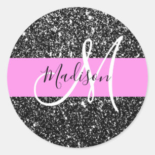 Glam Chic Pink Black Glitzer Sparkname Monogram Runder Aufkleber