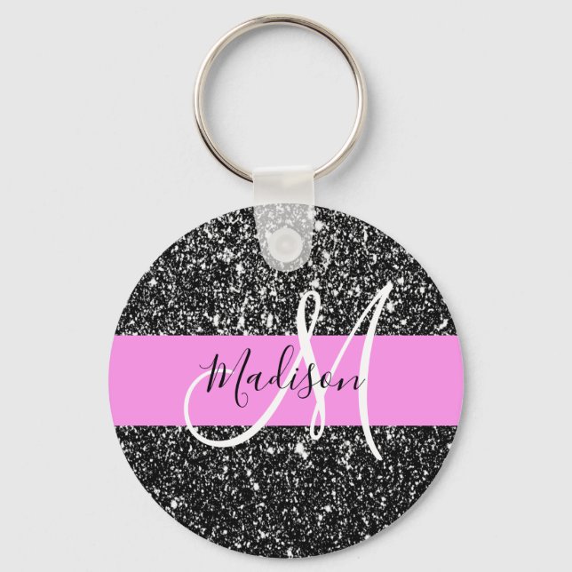 Glam Chic Pink Black Glitzer Sparkname Monogram Schlüsselanhänger (Vorderseite)