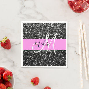 Glam Chic Pink Schwarzer Glitzer Funkelname Monogr Serviette